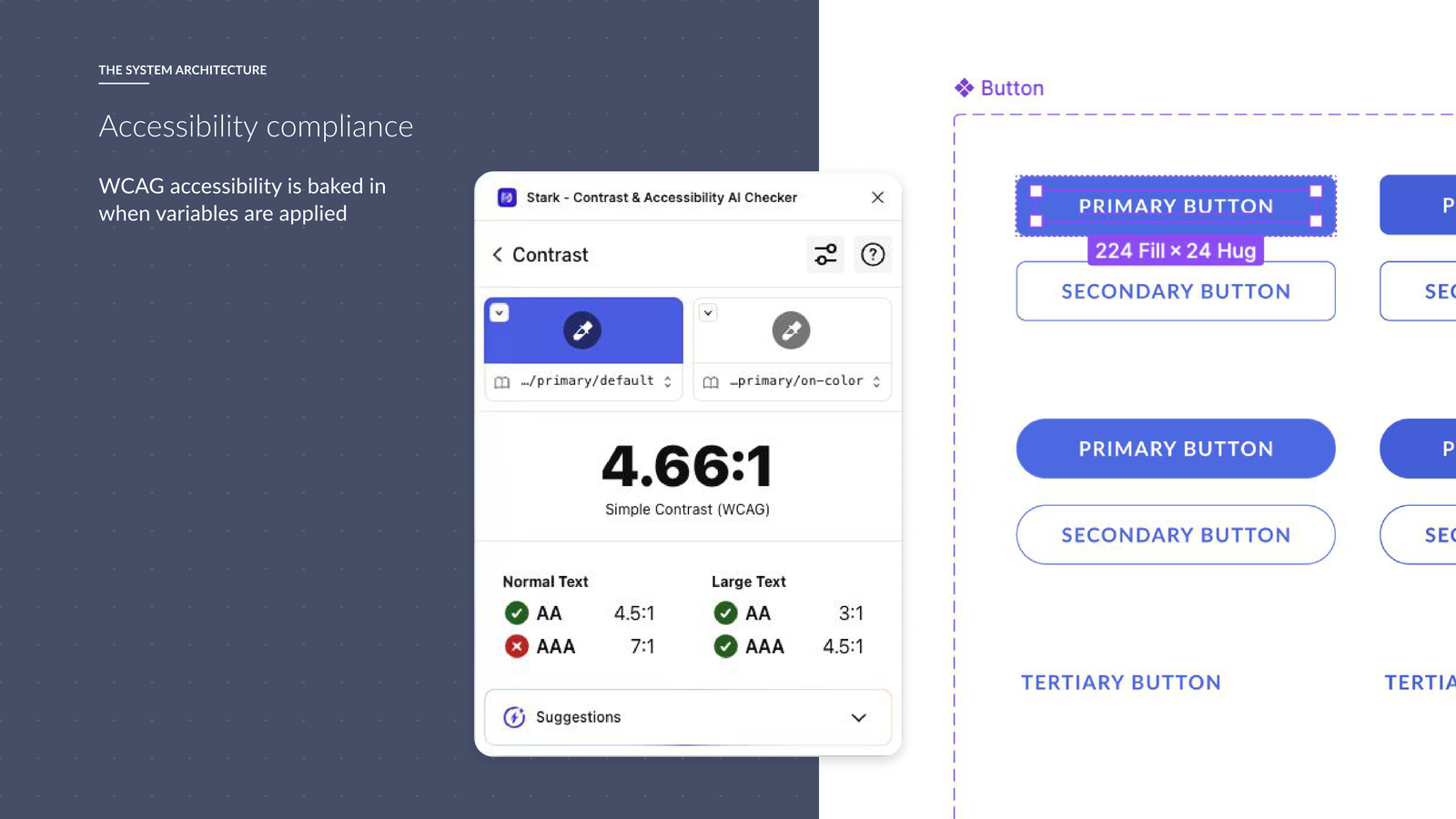 Component contrast checked against WCAG with the Stark plugin, alongside annotated button variants and sizing specs