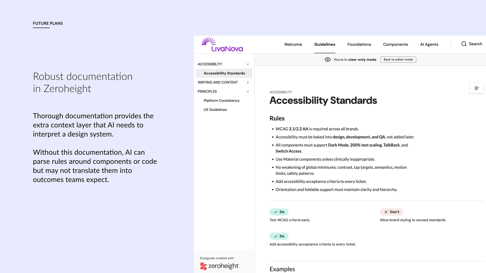 Centralising documentation in Zeroheight, including accessibility standards, so the system carries enough context for both designers and AI agents to interpret it correctly
