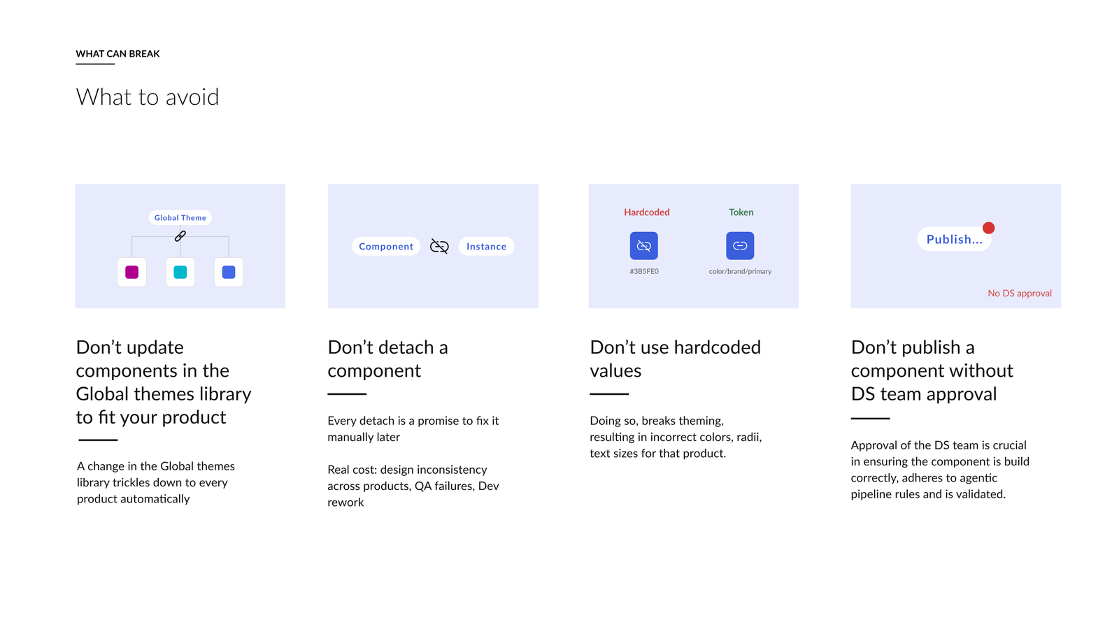 What to avoid: editing the Global Themes library directly, detaching components, hardcoding values, or publishing a component without Design System team approval