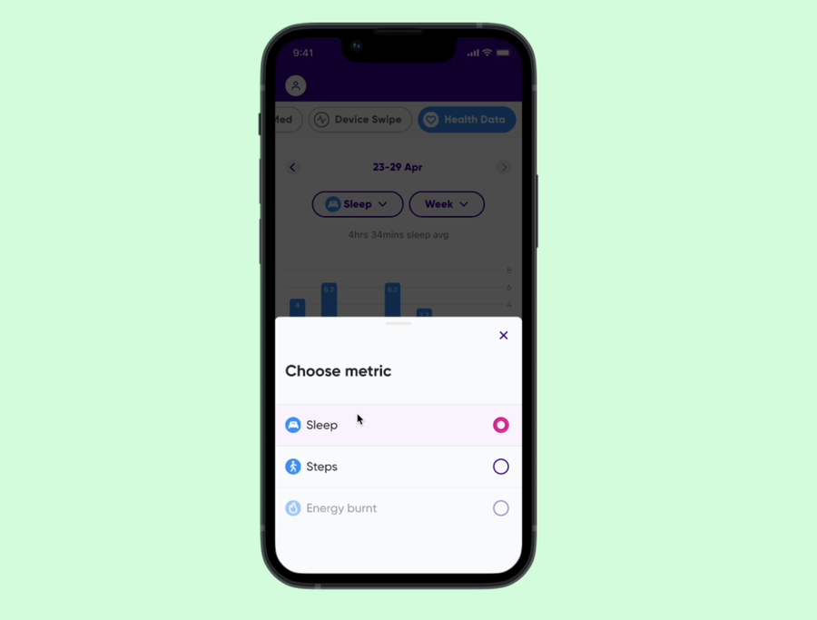 Bottom sheet for choosing which health metric to view