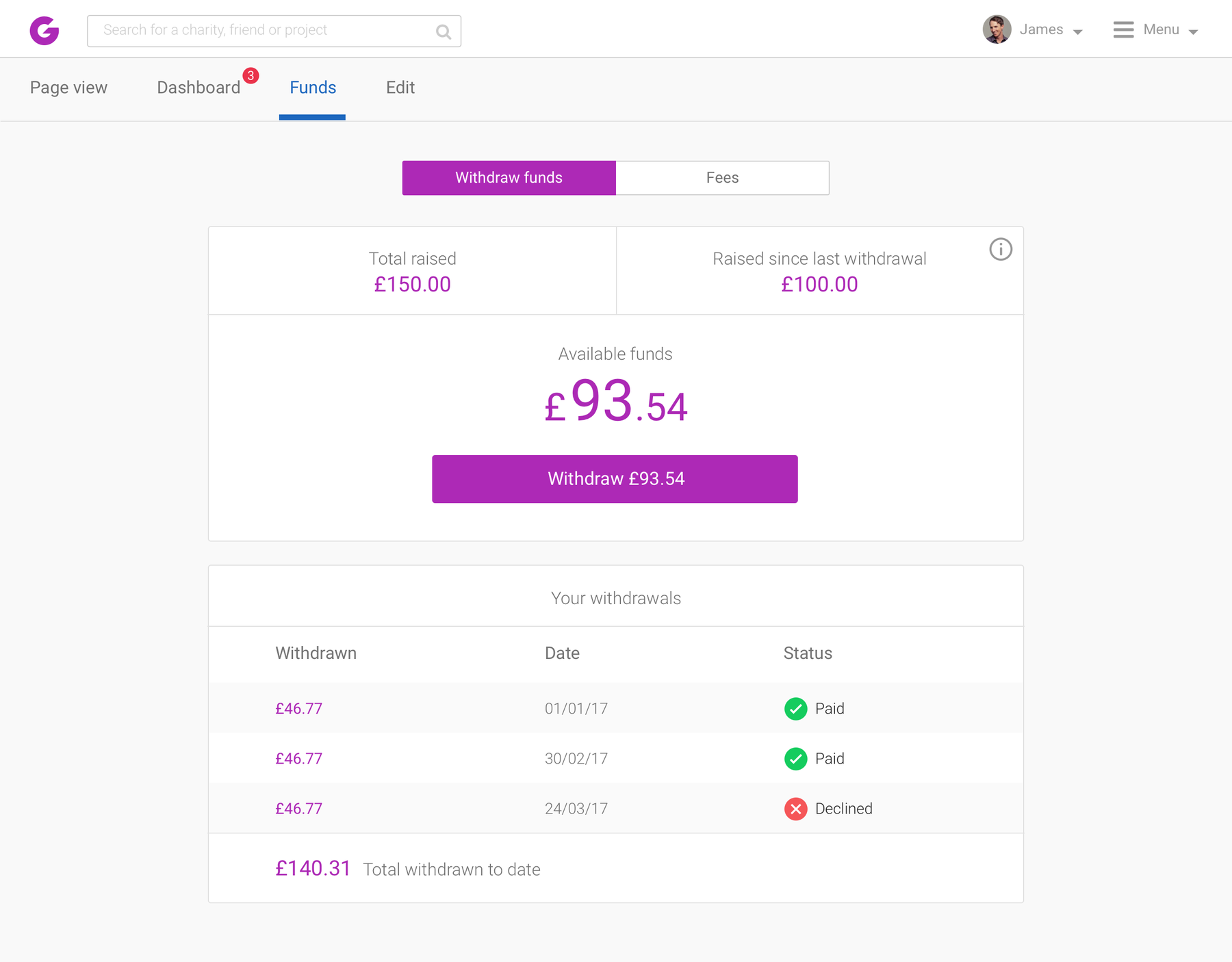Withdrawal history, desktop and mobile