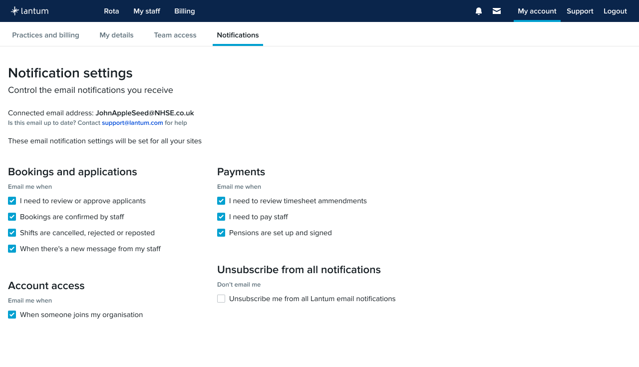 The shipped email preferences screen